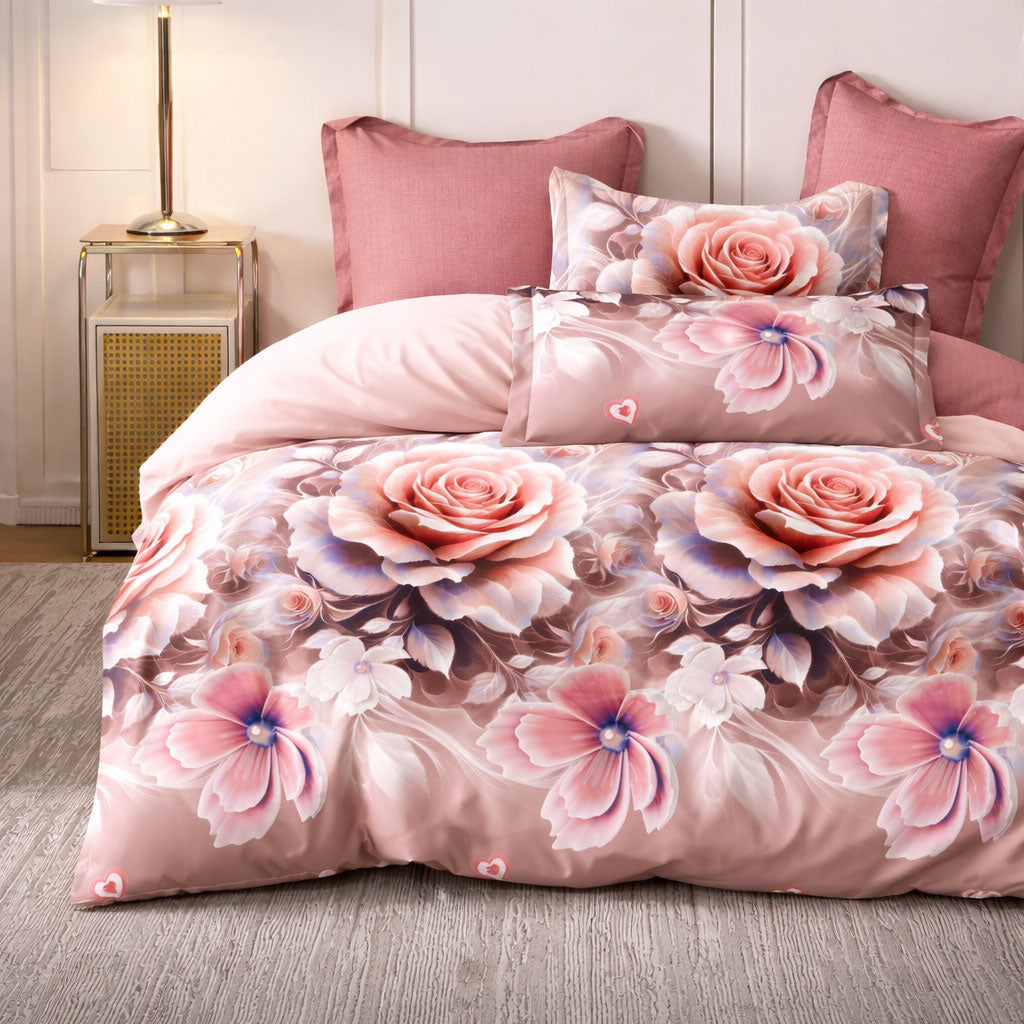 Pościel 160x200 z prześcieradłem 4 el. dwukolorowa róż motyw róży różowa Rossy Mil-B61
