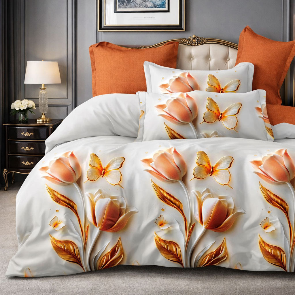 Pościel 160x200 z prześcieradłem 4 el. biało złota dwukolorowa pomarańcz motyw kwiaty motyle Nolya Mil-B65