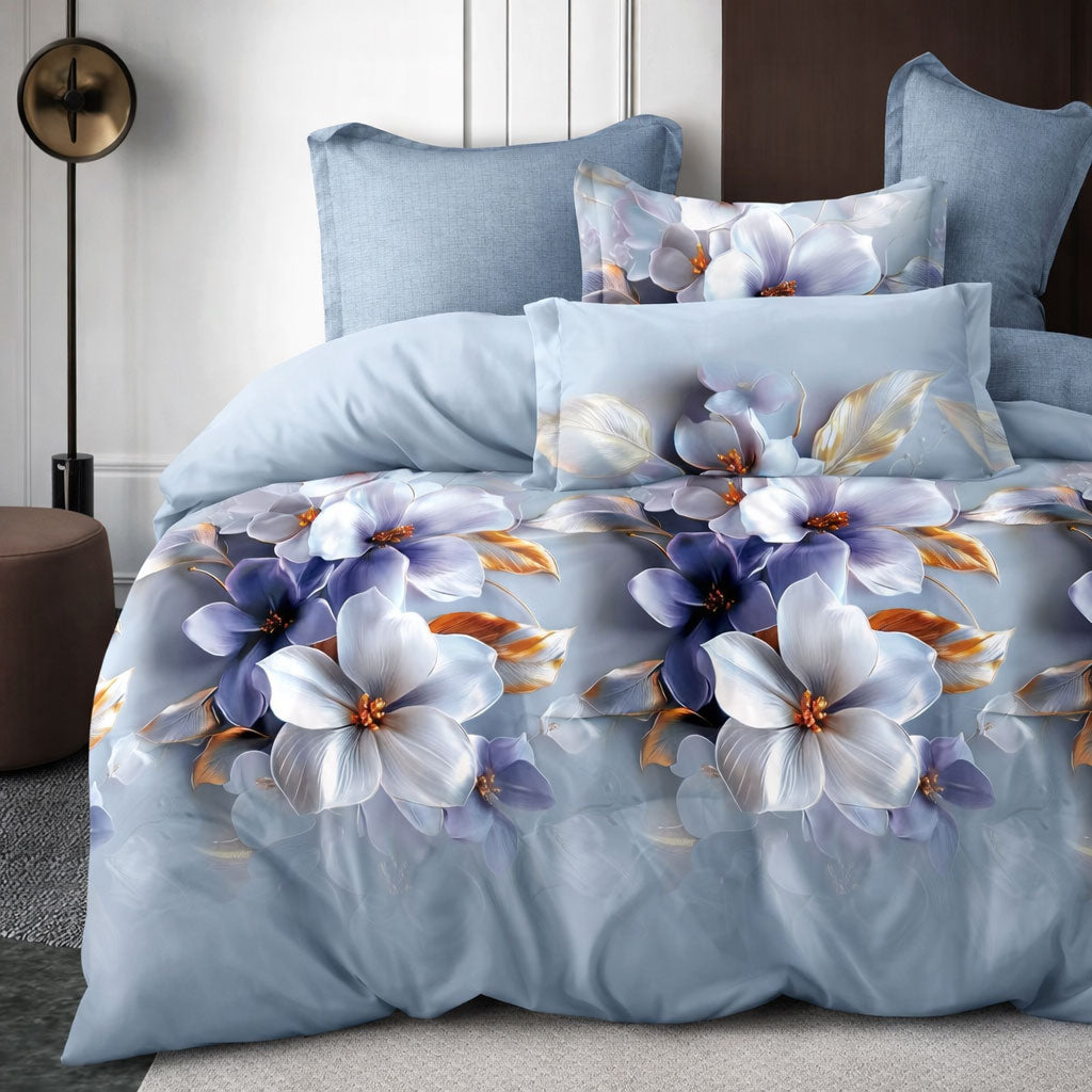 Pościel dwukolorowa niebieska z motywem kwiatów Bolly 200x220 z prześcieradłem 4 el. Mil-B67