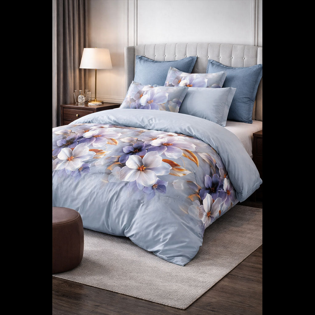 Pościel dwukolorowa niebieska z motywem kwiatów Bolly 200x220 z prześcieradłem 4 el. Mil-B67