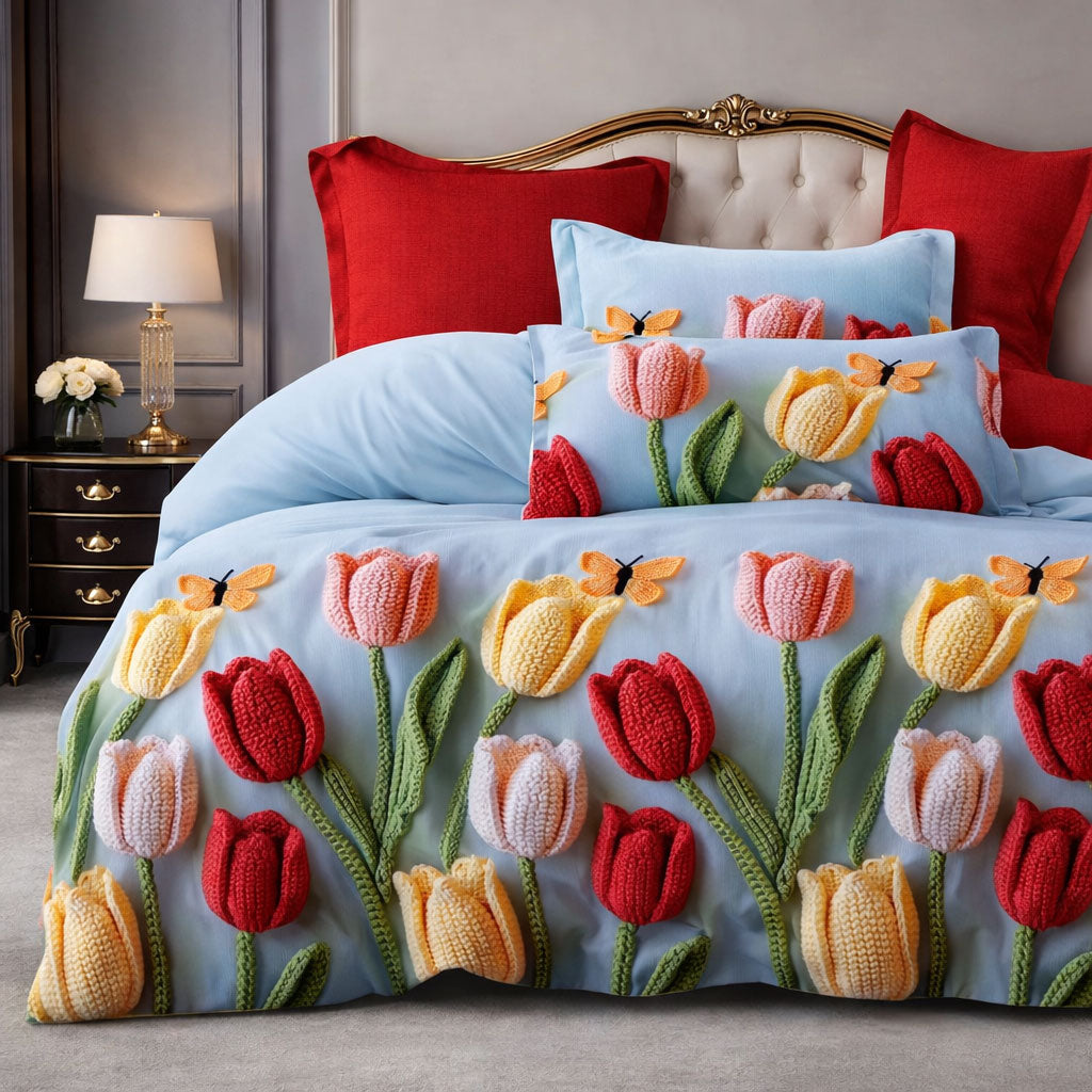 Pościel 160x200 z prześcieradłem 4 el. niebieska błękitna czerwona w tulipany różnokolorowe Bloya Mil-B69