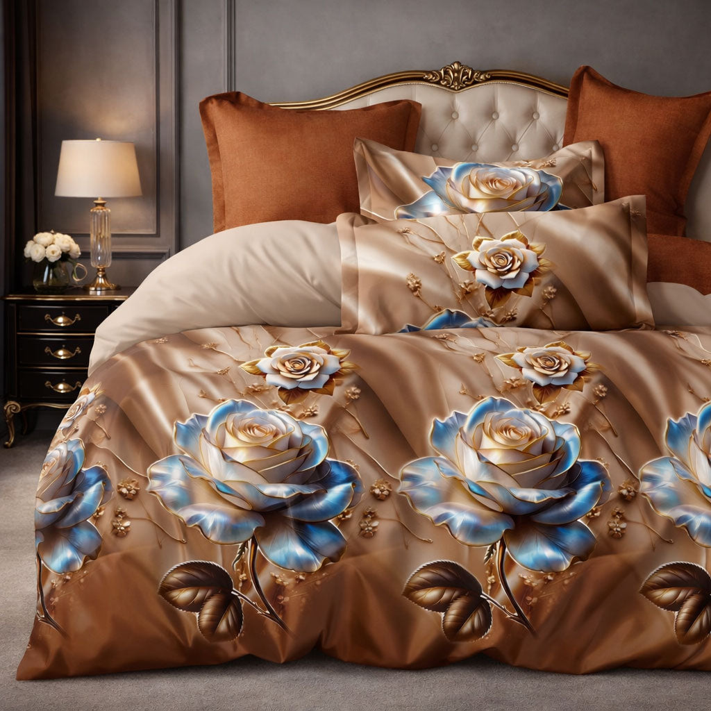 Pościel 160x200 z prześcieradłem 4 el. dwukolorowa brązowa beżowa w tulipany Mil-B71