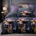 Pościel 160x200 z prześcieradłem 4 el. granatowo fioletowa dwukolorowa motyw kwiatów irysy i serc Tanya Mil-B77