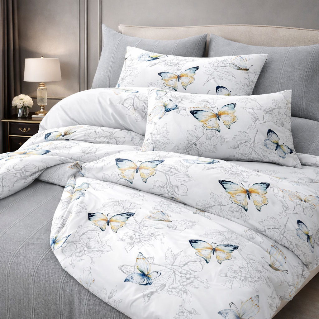 Pościel 160x200 z prześcieradłem 4 el. szaro biała dwukolorowa z motywem motyli Prius Mil-B85