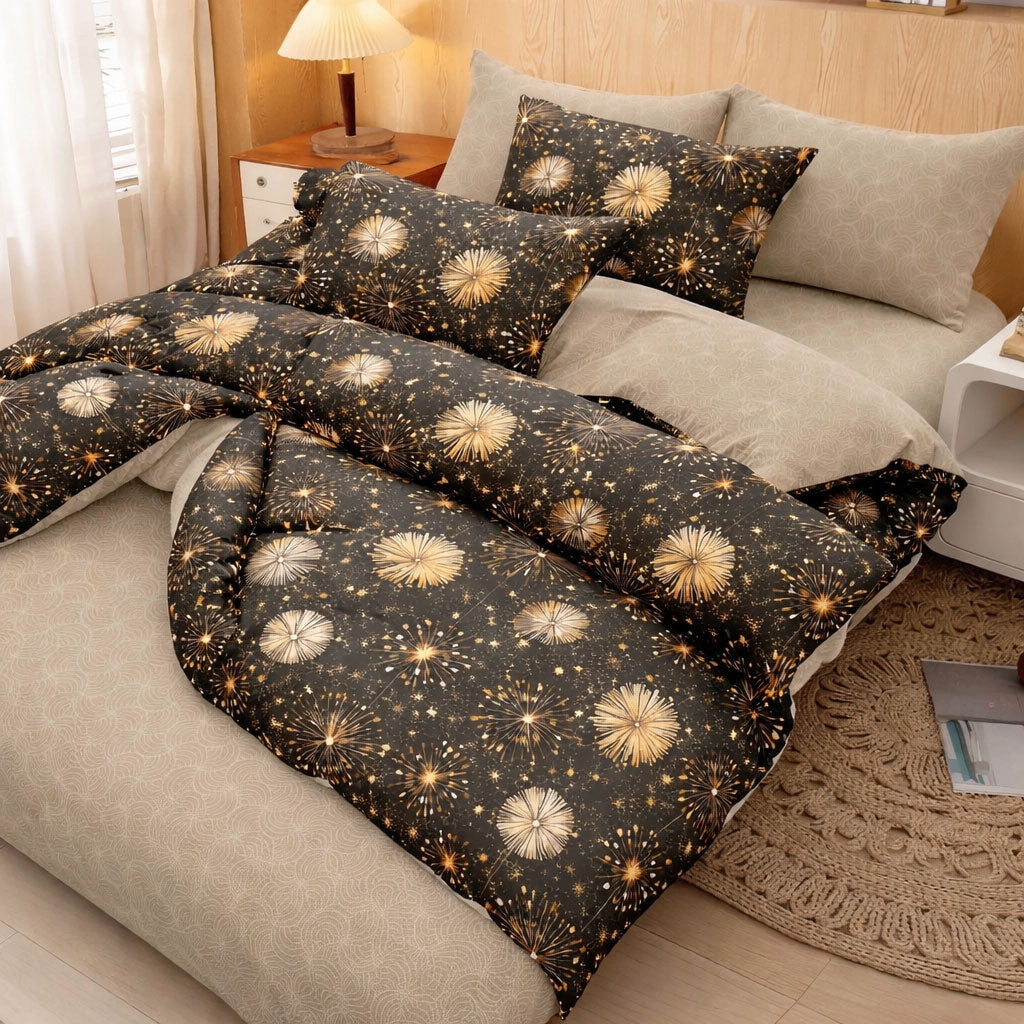 Pościel 160x200 z prześcieradłem 4 el. czarno beżowa dwukolorowa fajerwerki pompony Troya Mil-B86