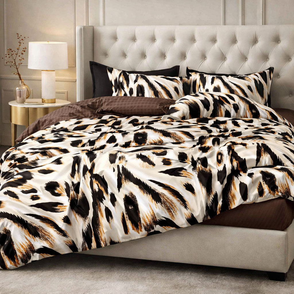 Pościel dwukolorowa lampart krata brązowa 200x220 z prześcieradłem 4 el. Rawr2 Mil-B90