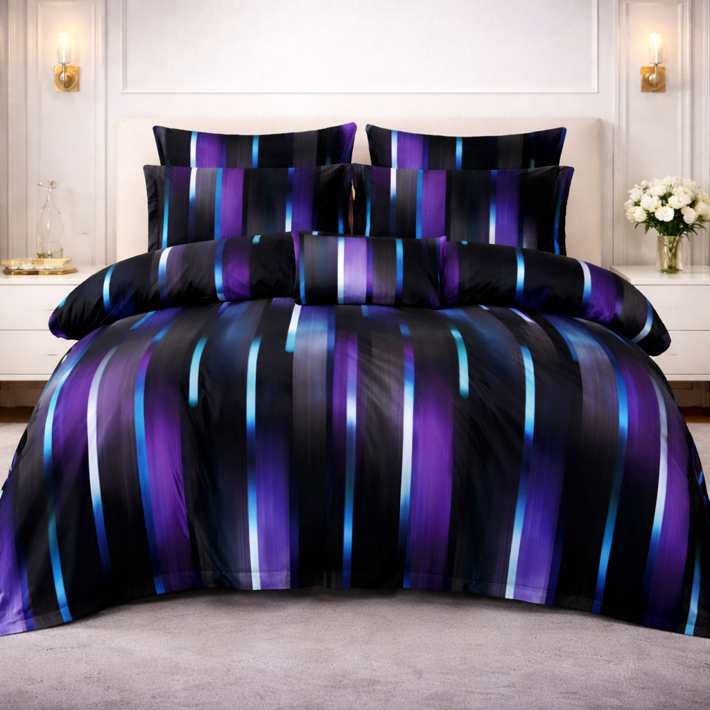 Pościel ciemna neonowa kosmiczna czarno fioletowa pasy Violet 200x220 z prześcieradłem 4 el. Mil-D25