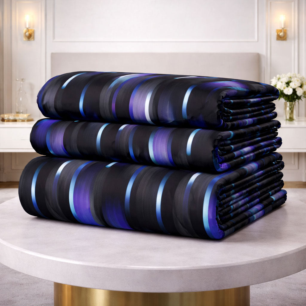 Pościel ciemna neonowa kosmiczna czarno fioletowa pasy Violet 200x220 z prześcieradłem 4 el. Mil-D25