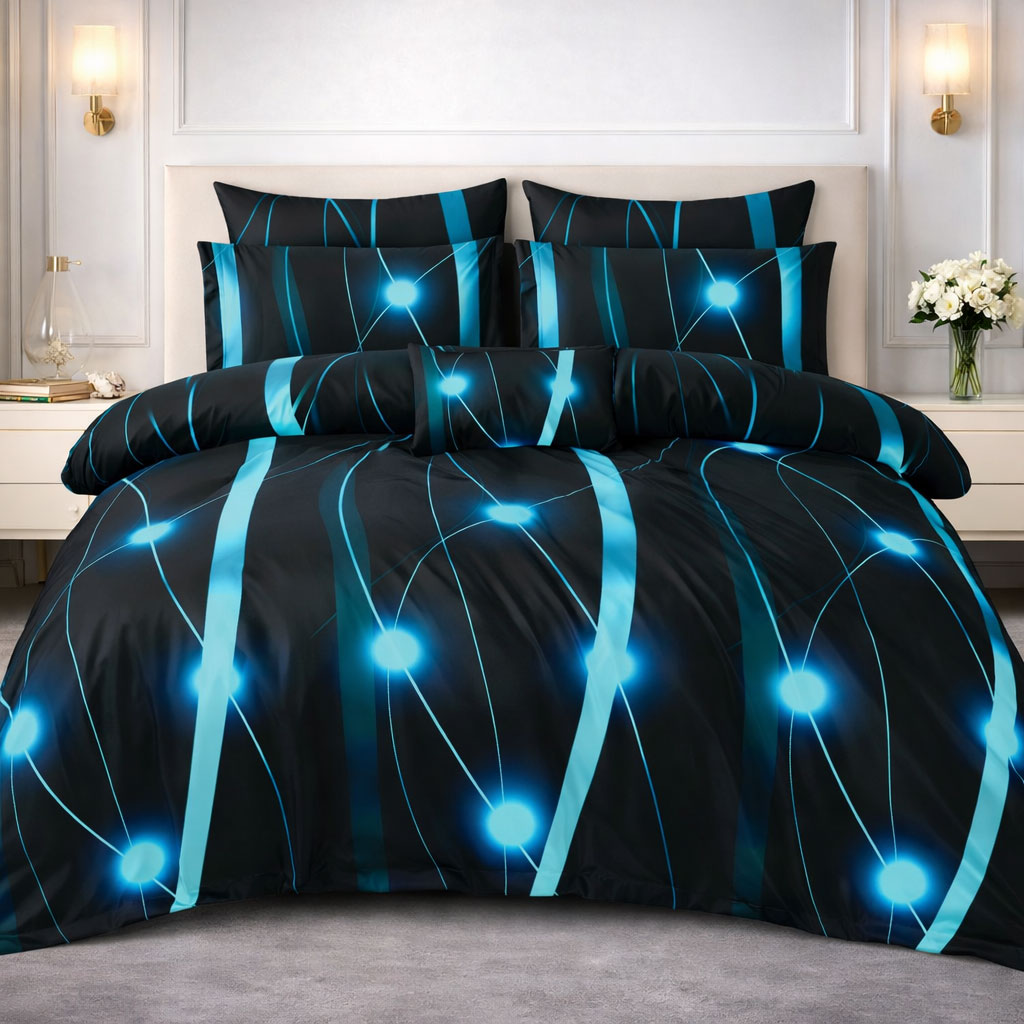 Pościel neonowa kosmiczna czarno niebieska fale 200x220 z prześcieradłem 4 el. Mil-D26