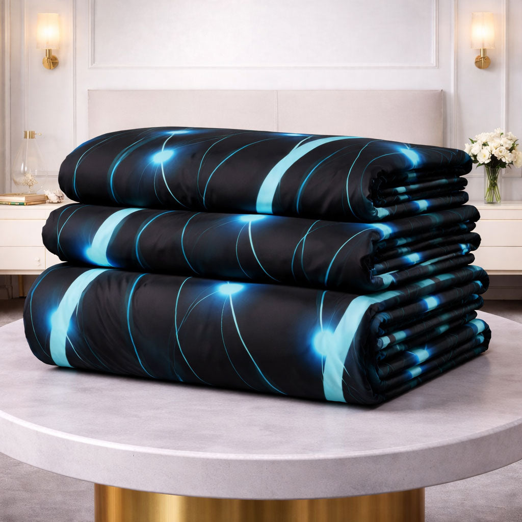 Pościel neonowa kosmiczna czarno niebieska fale 200x220 z prześcieradłem 4 el. Mil-D26