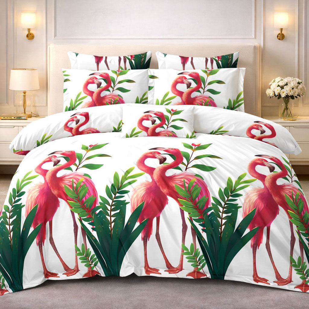 Pościel biała w flamingi Flamingo 160x200 z prześcieradłem 4 el. Mil-D35