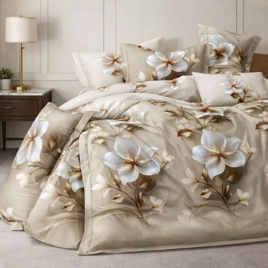 Pościel beżowo kremowa w kwiaty 200x220 z prześcieradłem 4 el. Mika Mil-D37