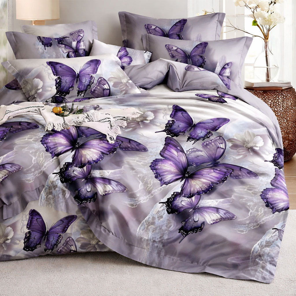 Pościel jasno fioletowa w motyle 200x220 z prześcieradłem 4 el. Holland Mil-D38