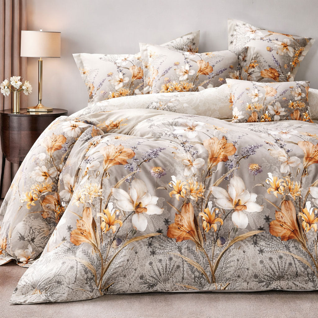Pościel jasno szaro srebrno pomarańczowa z motywem w kwiaty Polly 200x220 z prześcieradłem 4 el. Mil-D39