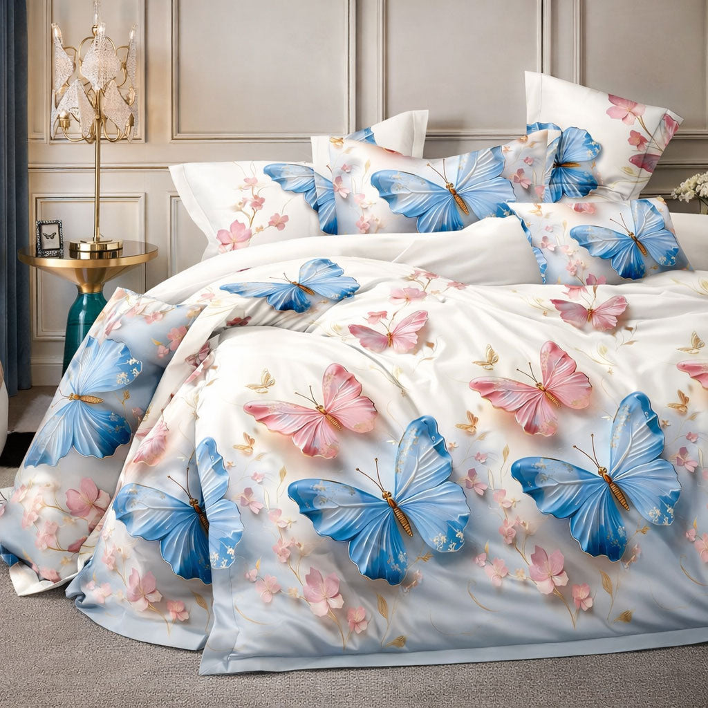 Pościel biało różowo niebieska w motyle i kwiaty Lunatis 200x220 z prześcieradłem 4 el. Mil-D42