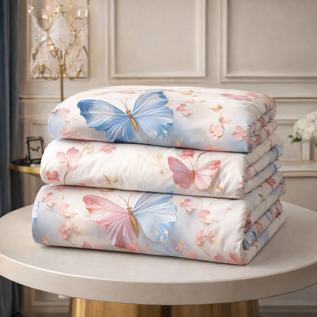 Pościel biało różowo niebieska w motyle i kwiaty Lunatis 200x220 z prześcieradłem 4 el. Mil-D42