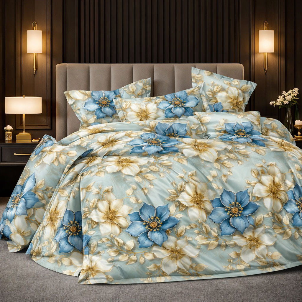 Pościel niebiesko kremowo błękitna w kwiaty Noria 200x220 z prześcieradłem Mil-D43