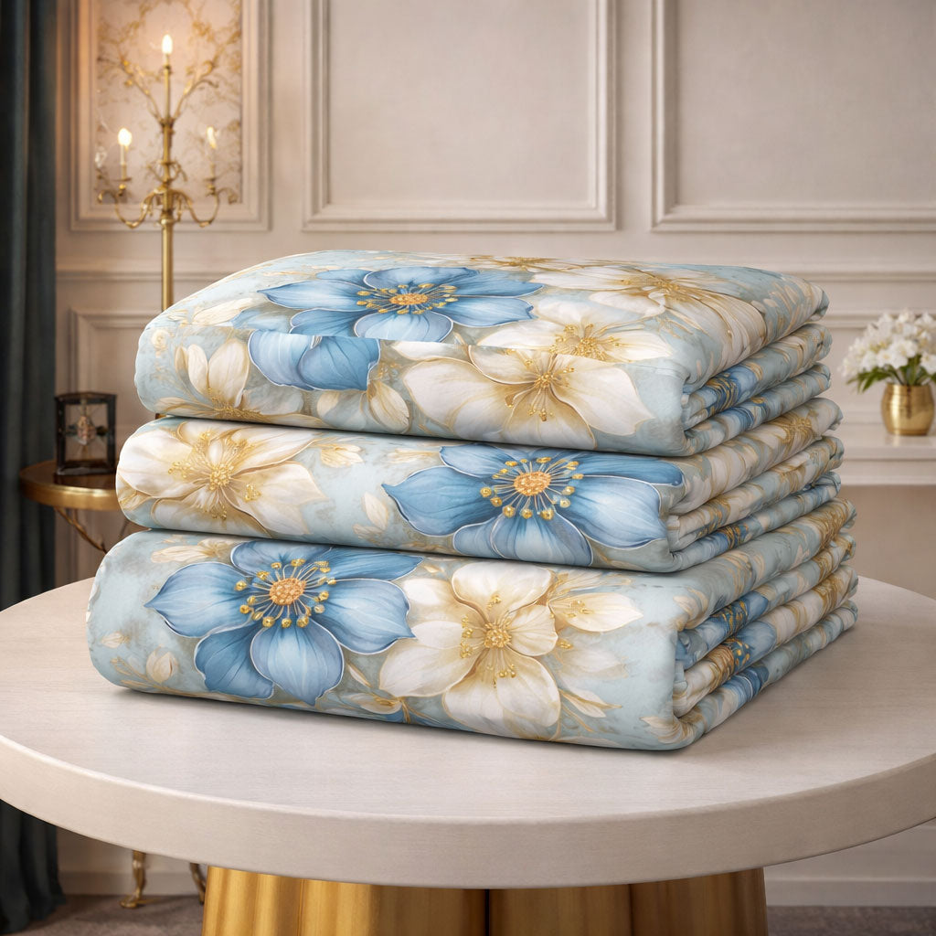 Pościel niebiesko kremowo błękitna w kwiaty Noria 160x200 z prześcieradłem Mil-D43