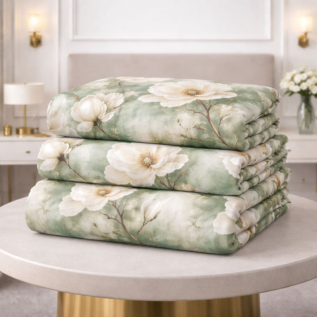 Pościel zielona w białe kwiaty magnolie Flori 200x220 z prześcieradłem 4 el. Mil-D43