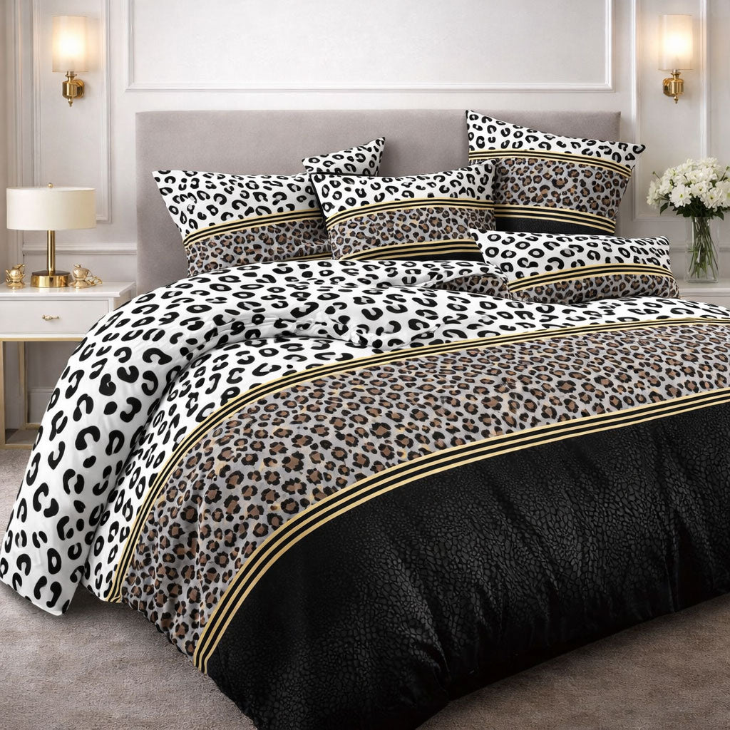 Pościel biało złoto czarna w cętki panterka Lampart 200x220 z prześcieradłem 4 el. Mil-D57