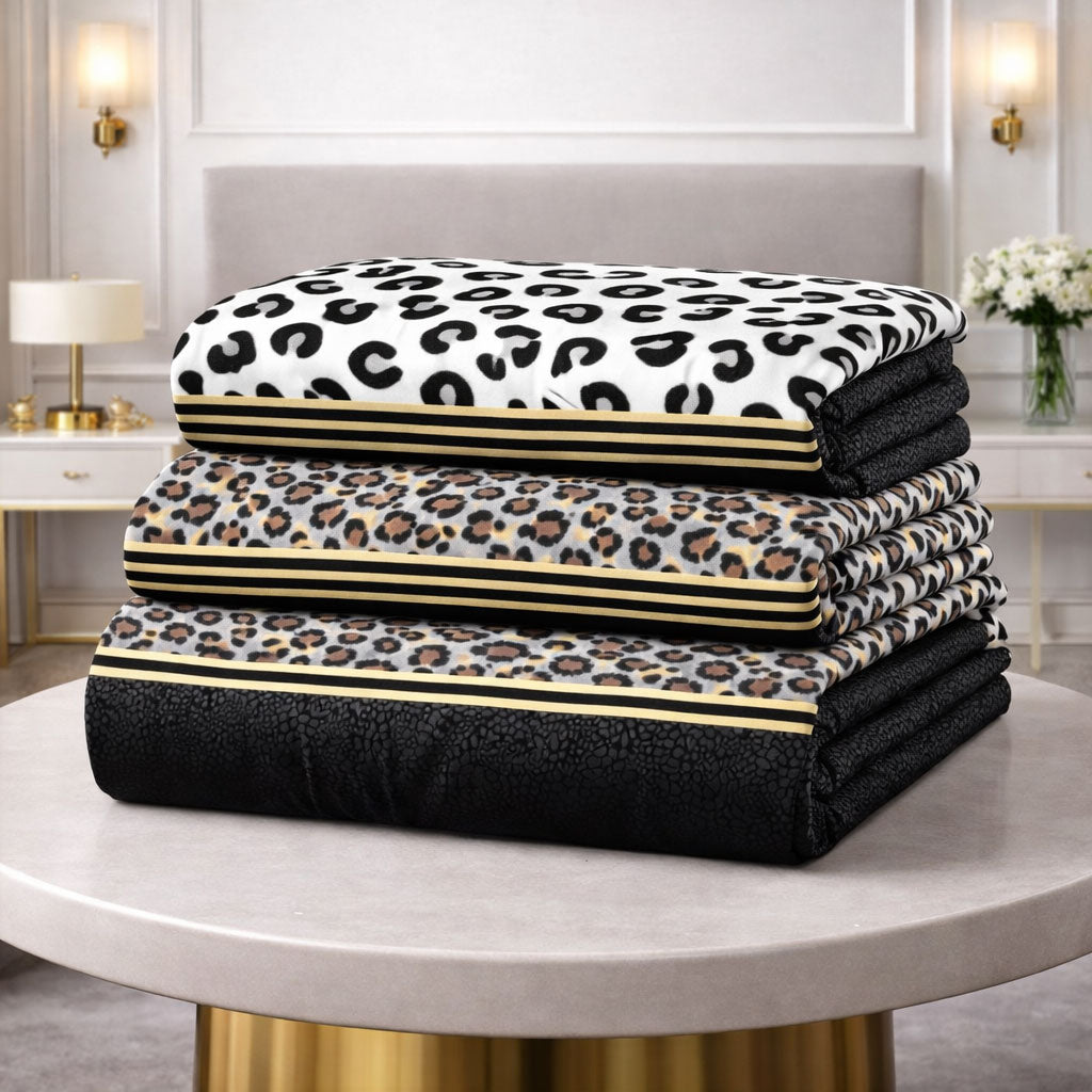 Pościel biało złoto czarna w cętki panterka Lampart 200x220 z prześcieradłem 4 el. Mil-D57