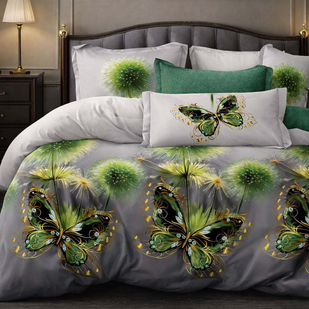Pościel dwukolorowa szaro zielona motyle 200x220 z prześcieradłem 4 el. Flowy Mil-E02