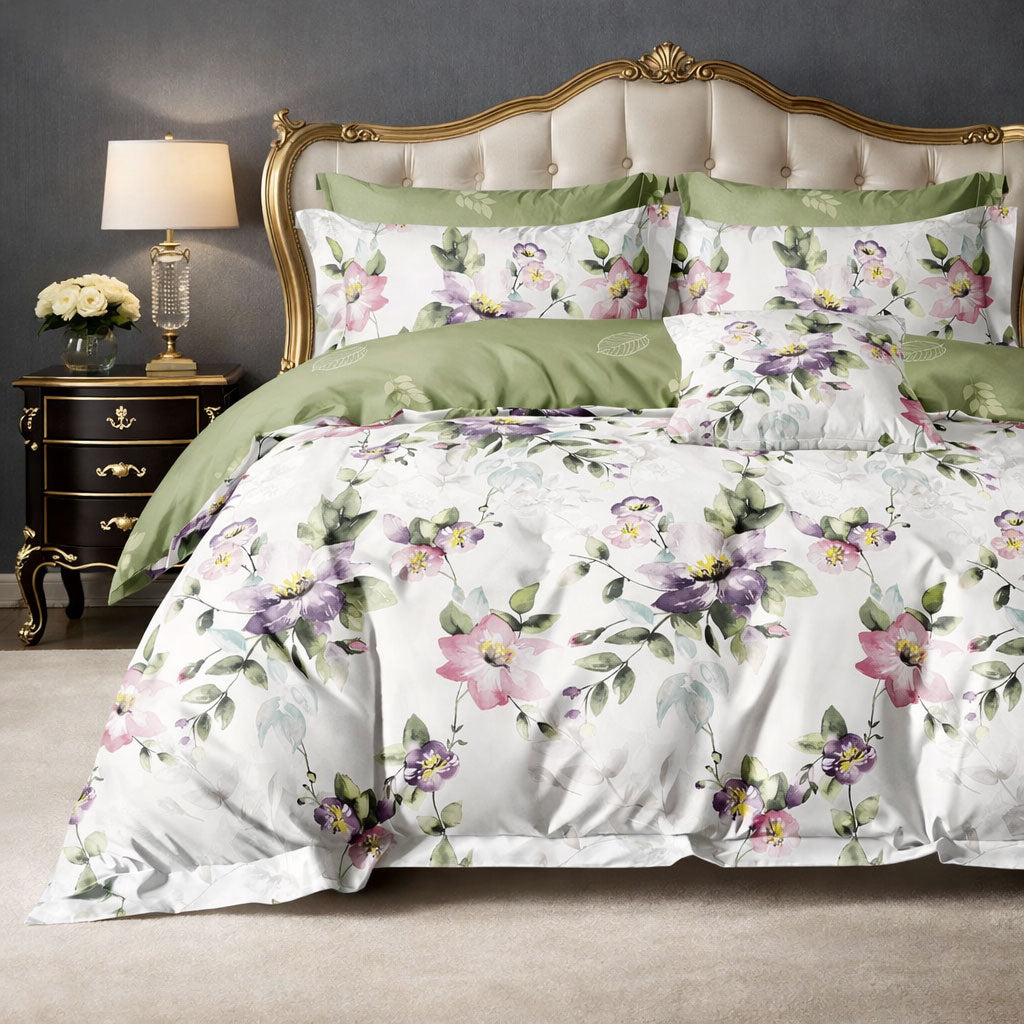 Pościel 160x200 z prześcieradłem 4 el. zielona dwukolorowa motyw kwiatowy Olly Mil-J20