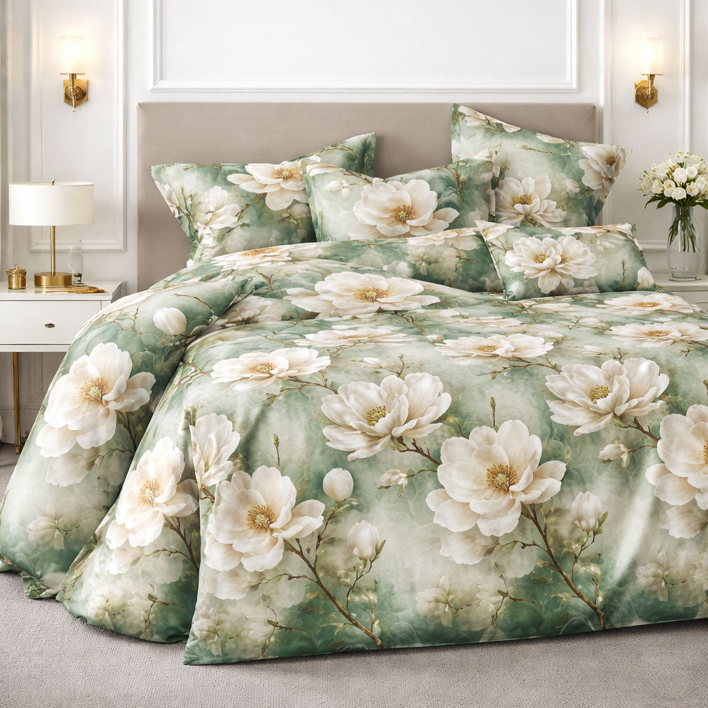 Pościel zielona w białe kwiaty magnolie Flori 200x220 z prześcieradłem 4 el. Mil-D43