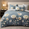 Pościel 160x200 z prześcieradłem 4 el. niebieska z kremowymi kwiatami Magnolia Garden Mil-C04