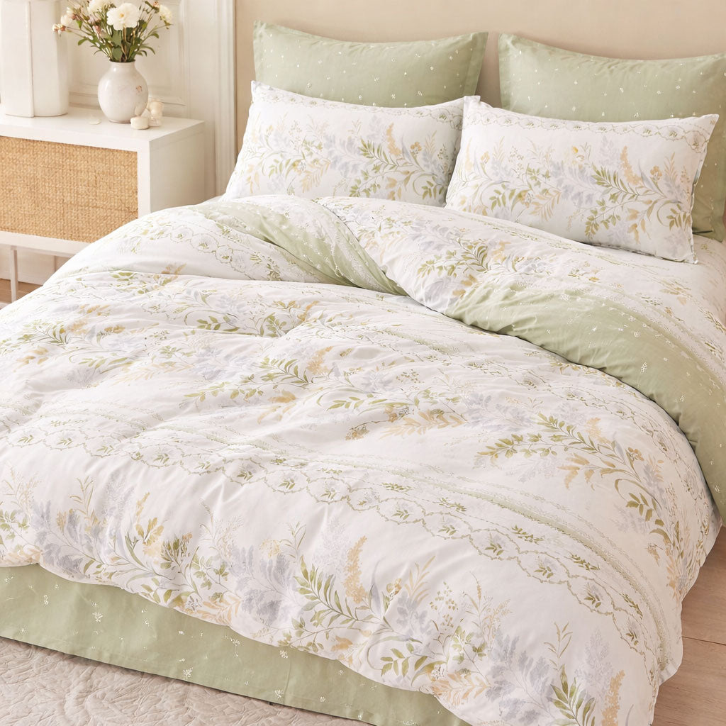 Pościel bawełniana oliwkowa zieleń jasna biała w kwiaty Fidel 200x220 3 el. Mil-X04