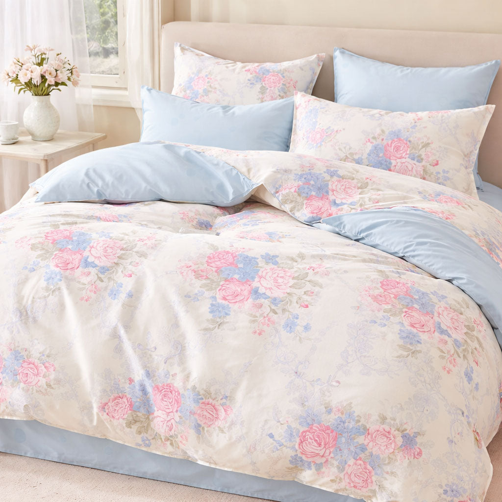 Pościel bawełniana biało-niebiesko-różowa w kwiaty Dilan 200x220 3 el. Mil-X05