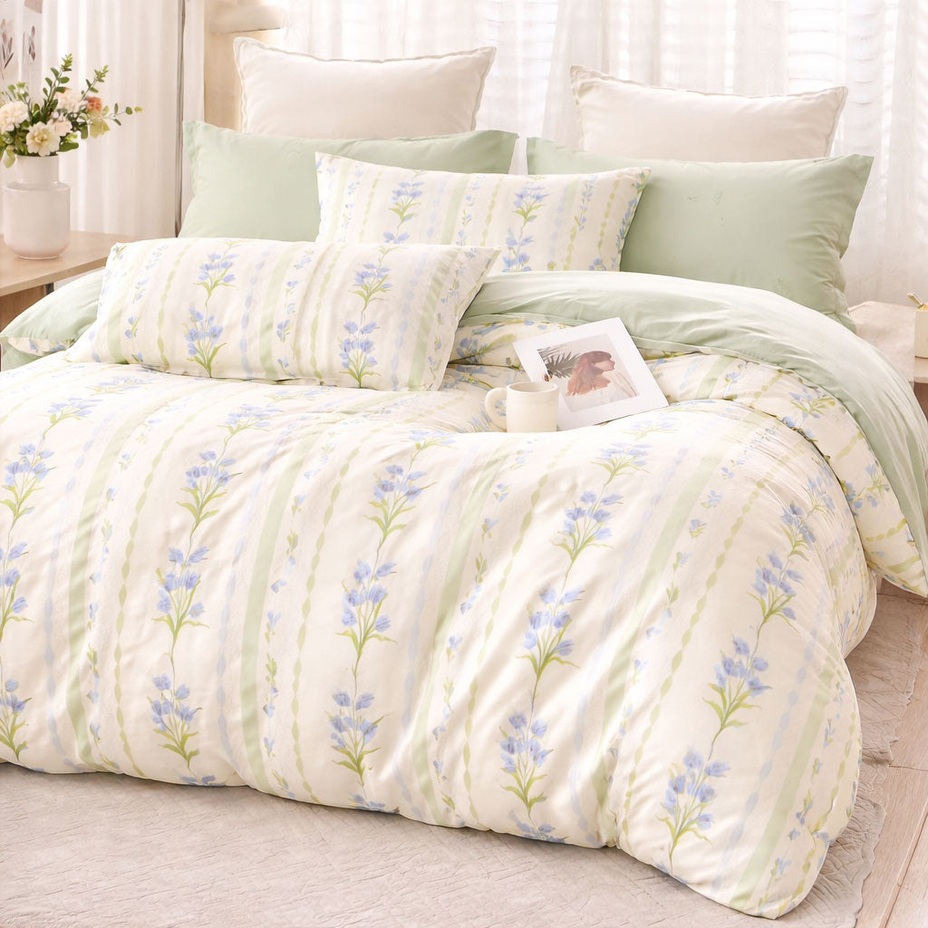 Pościel bawełniana jasno-zielona biała w pasy i kwiaty Lira 200x220 3 el. Mil-X06