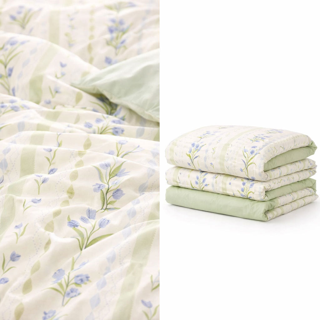 Pościel bawełniana jasno-zielona biała w pasy i kwiaty Lira 200x220 3 el. Mil-X06