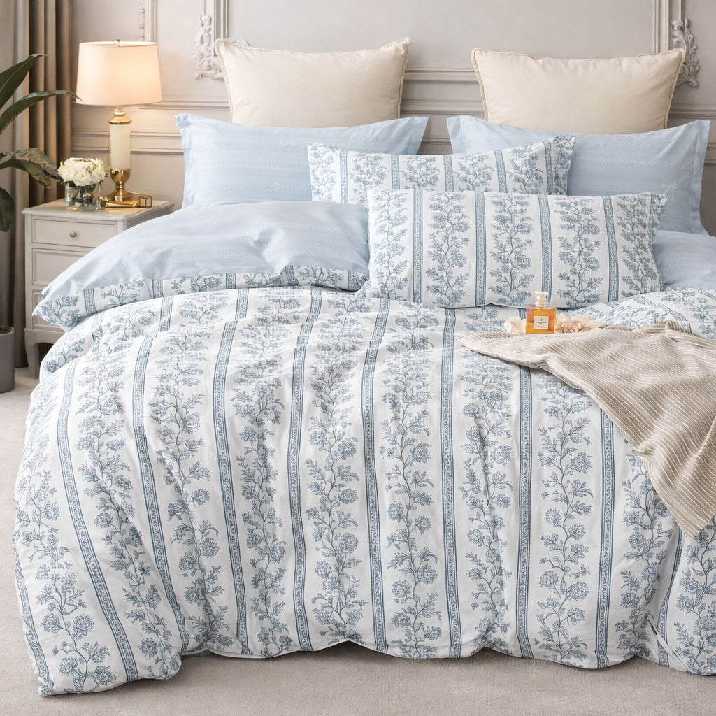 Pościel bawełniana jasno-niebieska z motywem roślinnym dwustronna Molier 200x220 3 el. Mil-X11