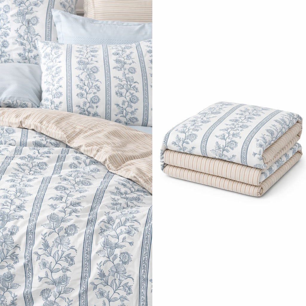 Pościel bawełniana jasno-niebieska z motywem roślinnym dwustronna Molier 200x220 3 el. Mil-X11