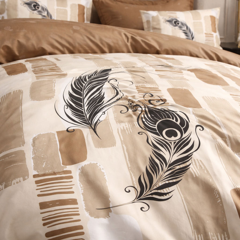 Pościel kawowa dwukolorowa brązowa beżowa cegiełki liście serduszka Crema 200x220 z prześcieradłem 4 el. Mil-J06