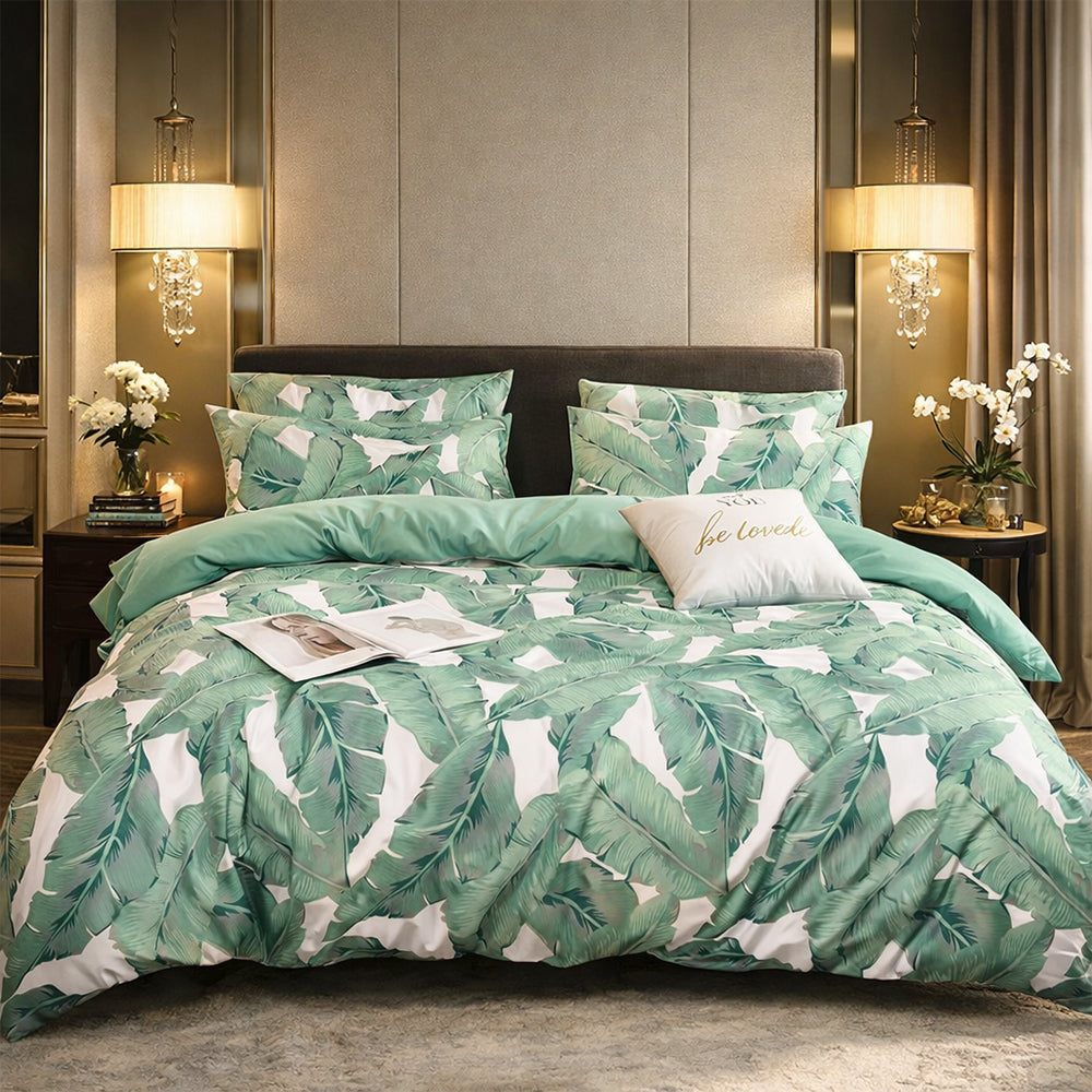 Pościel bawełniana niebieska błękitna w liście Fobetor 160x200 3 el. Par-P07