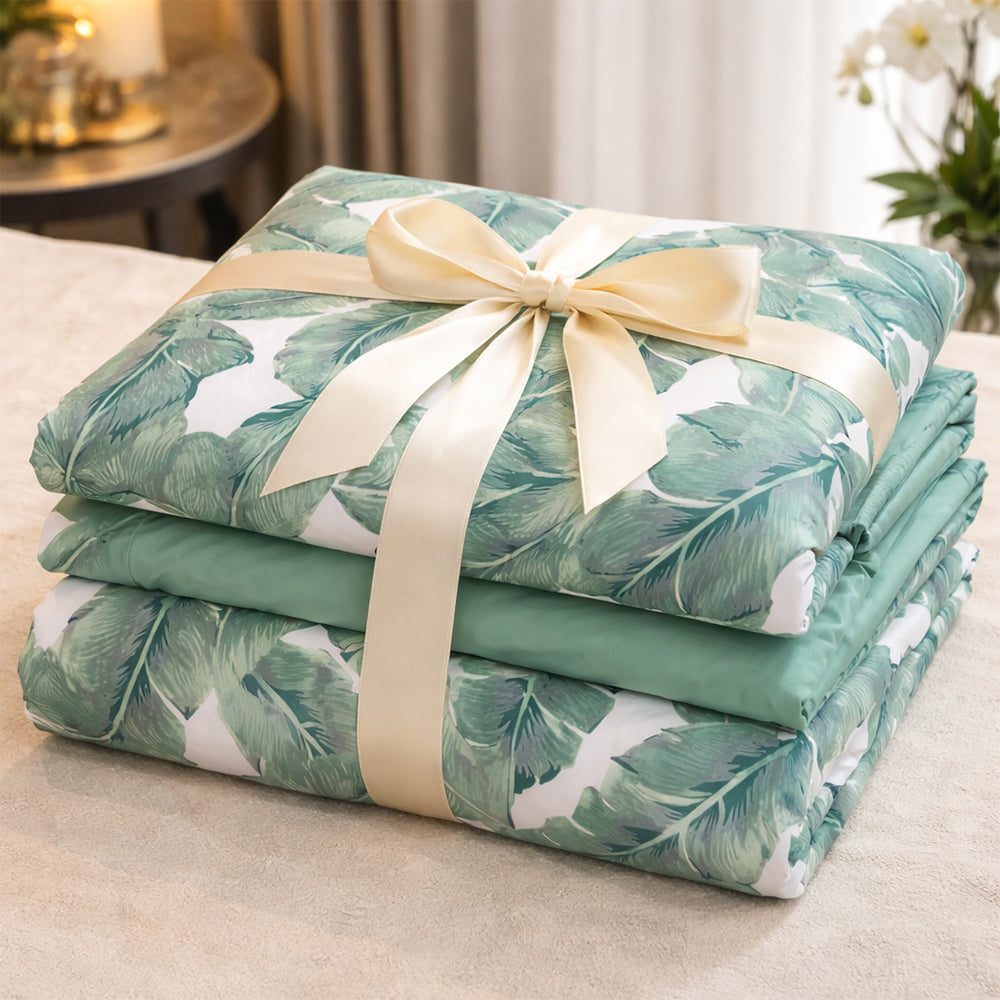 Pościel bawełniana niebieska błękitna w liście Fobetor 160x200 3 el. Par-P07