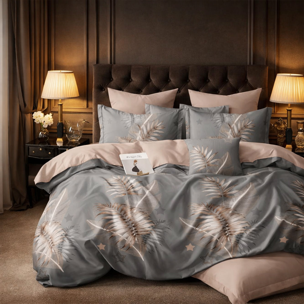 Pościel bawełniana w liście grafitowy złoty róż Fonos 160x200 3 el. Par-P08