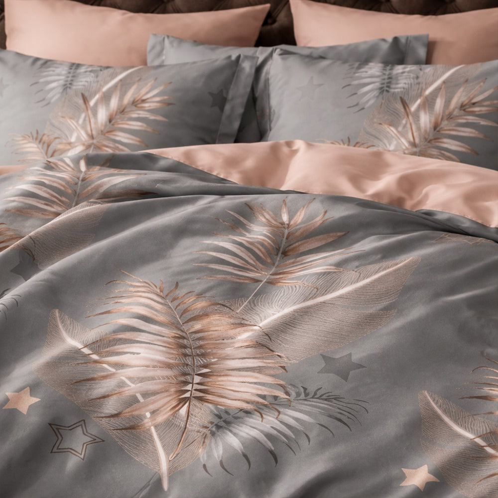 Pościel bawełniana w liście grafitowy złoty róż Fonos 160x200 3 el. Par-P08