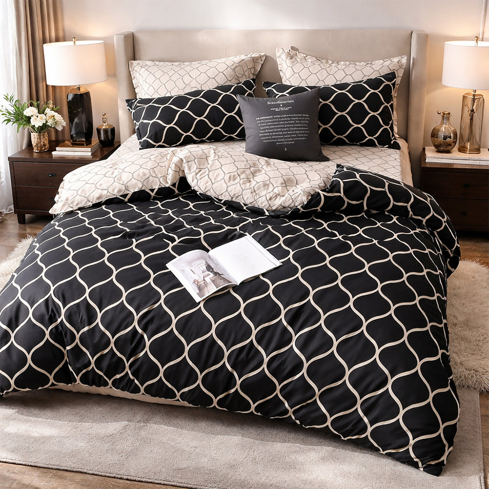 Pościel bawełniana kremowo-czarna geometryczna Gaja 160x200 3 el. Par-P09