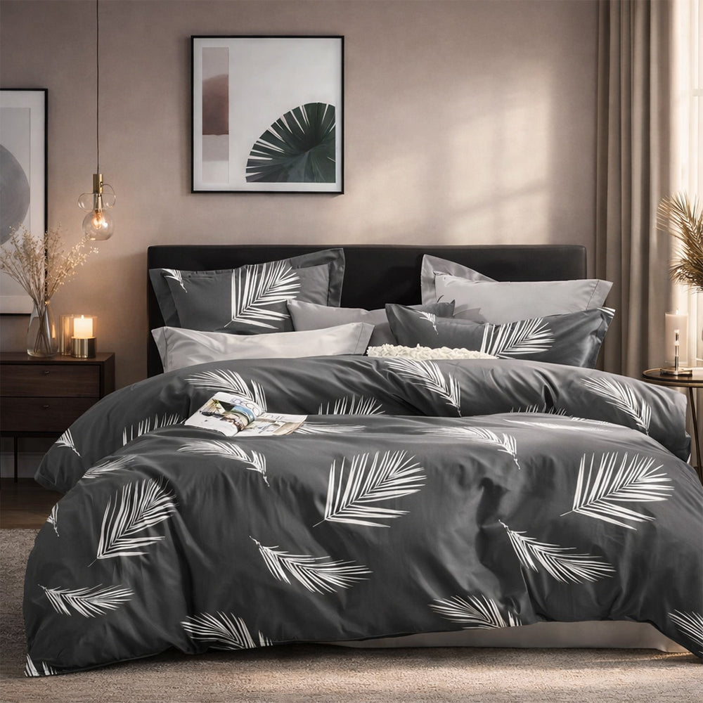 Pościel bawełniana grafitowa w liście palmowe Harpokrates 160x200 3 el. Par-P10