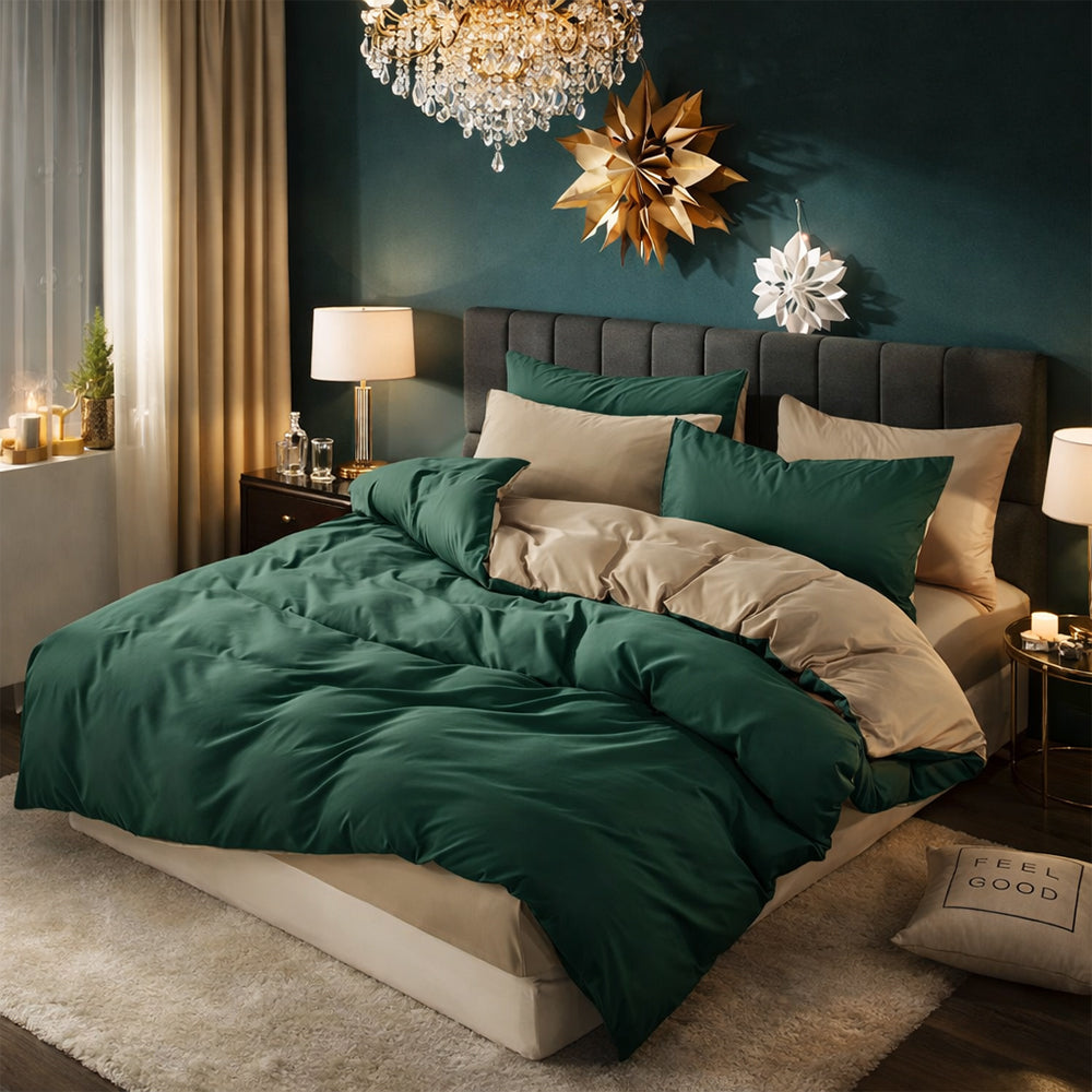 Pościel bawełniana zielono-beżowa dwustronna Hippolytos 160x200 3 el. Par-P14