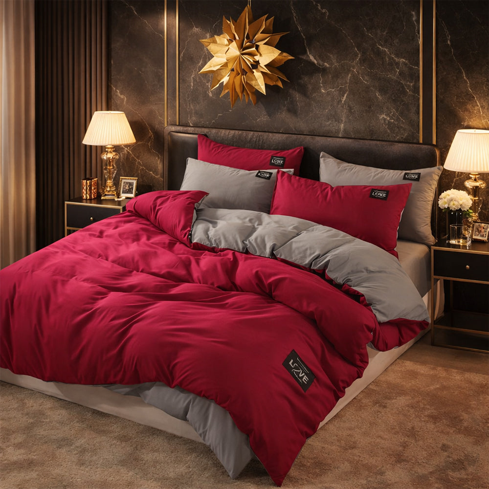 Pościel bawełniana dwustronna czerwono-malinowo-szara Aristajos 160x200 3 el. Par-P02