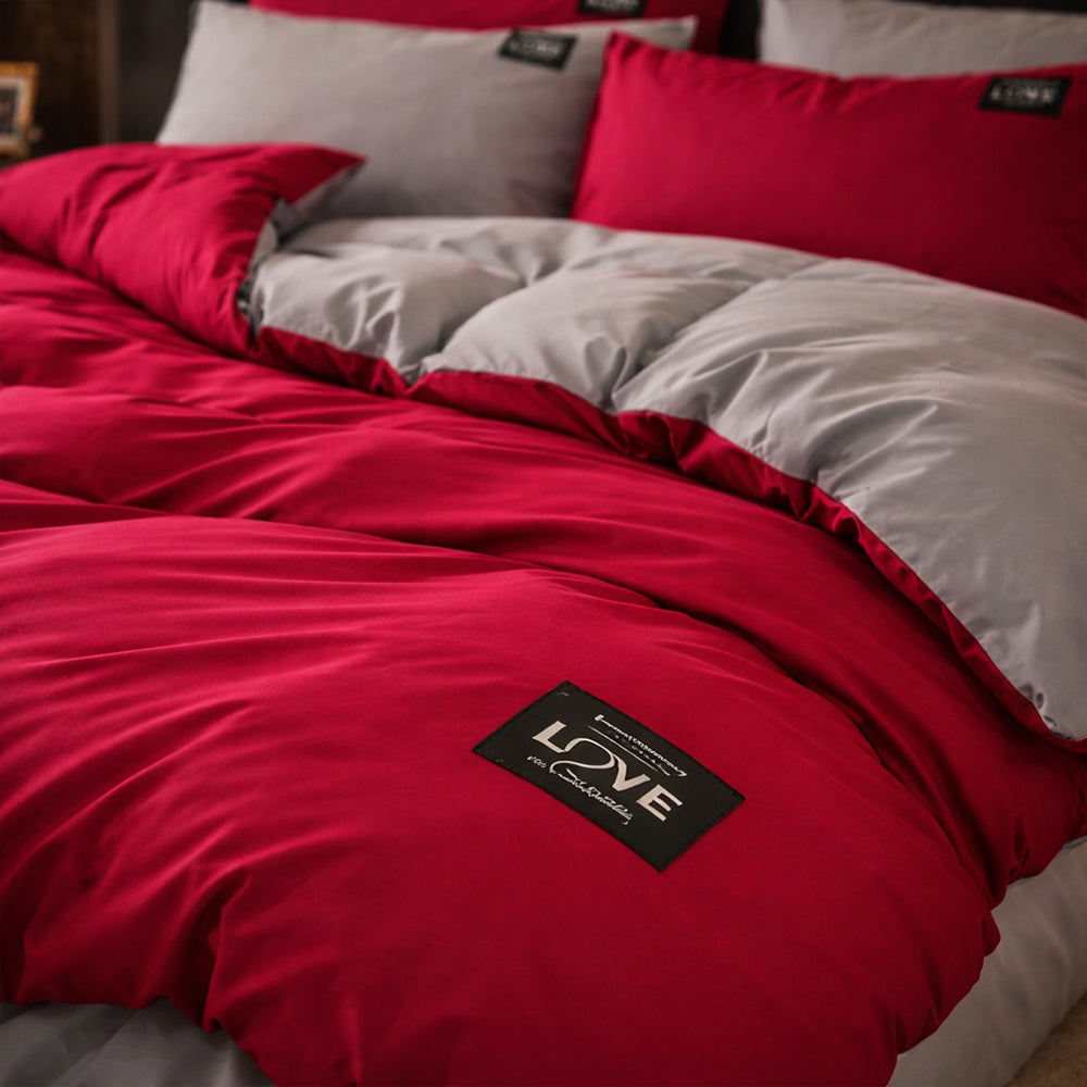 Pościel bawełniana dwustronna czerwono-malinowo-szara Aristajos 160x200 3 el. Par-P02