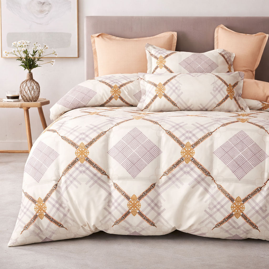 Pościel 160x200 z prześcieradłem 4 el. krata ornament kremowa złote wstawki Orny Mil-A113