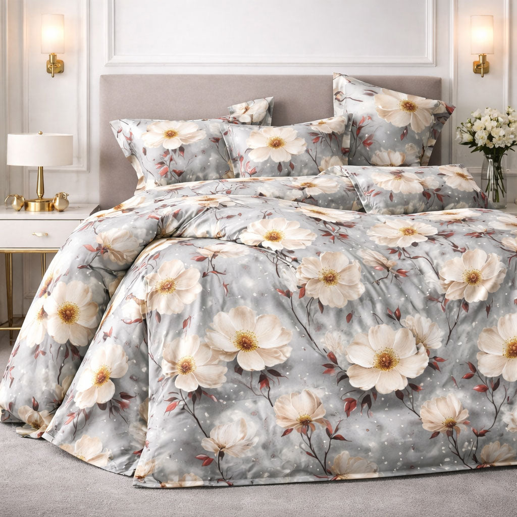 Pościel szara jasna kremowa w kwiaty Dolly 200x220 z prześcieradłem 4 el. MIl-D46