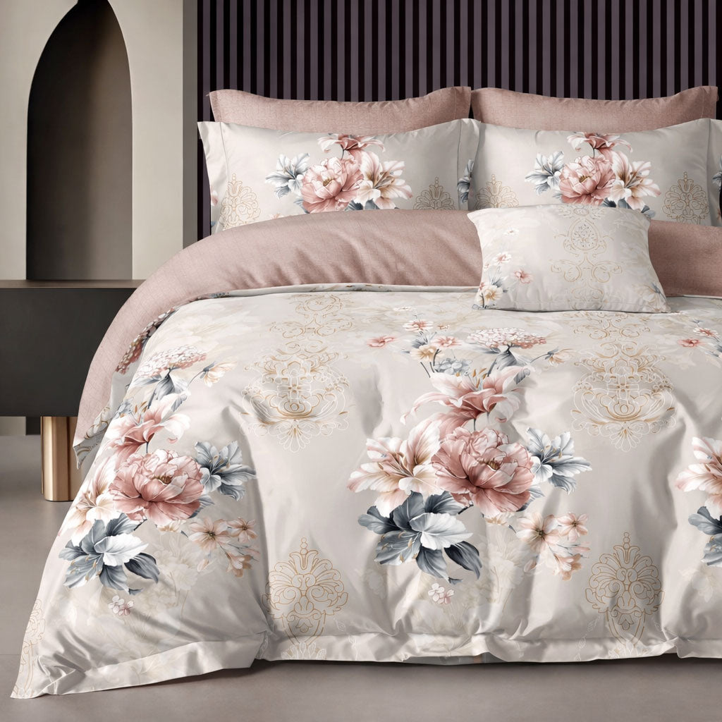 Pościel 160x200 z prześcieradłem 4 el. dwukolorowa blady róż, jasna w kwiaty Flory Mil-J14