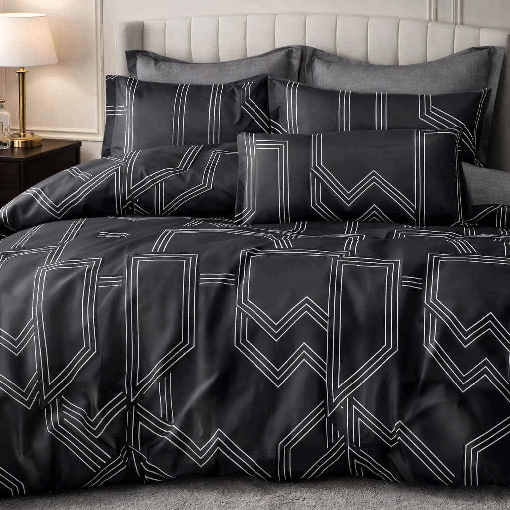 Pościel szaro czarna wzór geometryczny 200x220 z prześcieradłem 4 el. Talon Mil-A100