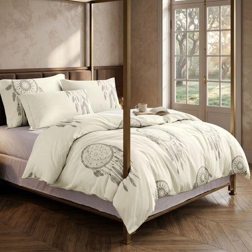 Pościel bawełniana beżowa kremowa łapacz snów 200x220 3 el. Velmora Dreamcatcher Ivory m1848 - Lunatis